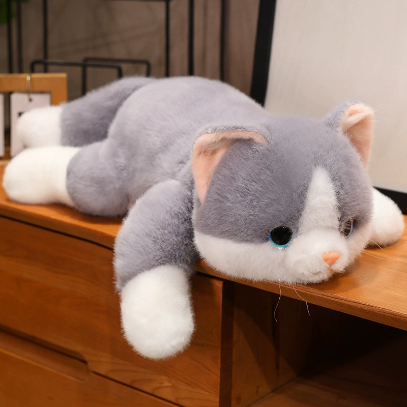 Плюшевая кошка‑подушка в позе лёжа, мягкая игрушка, 30/45/60 см, жёлтая/белая/серая/чёрная