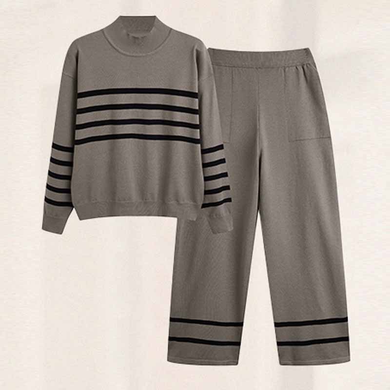 Strickset mit Kontraststreifen – Halb-Rollkragenpullover & Weite Hose (Oversized-Outfit)_voghion.com