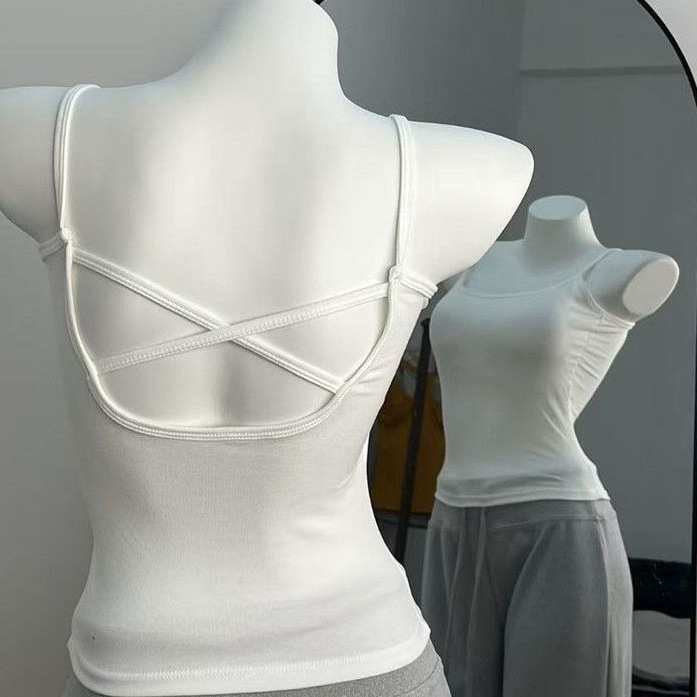 Pure and alluring camisole with padded bra, sexy inner and outer wear, cross-back design, slimming base layer, hot girl top for summer.