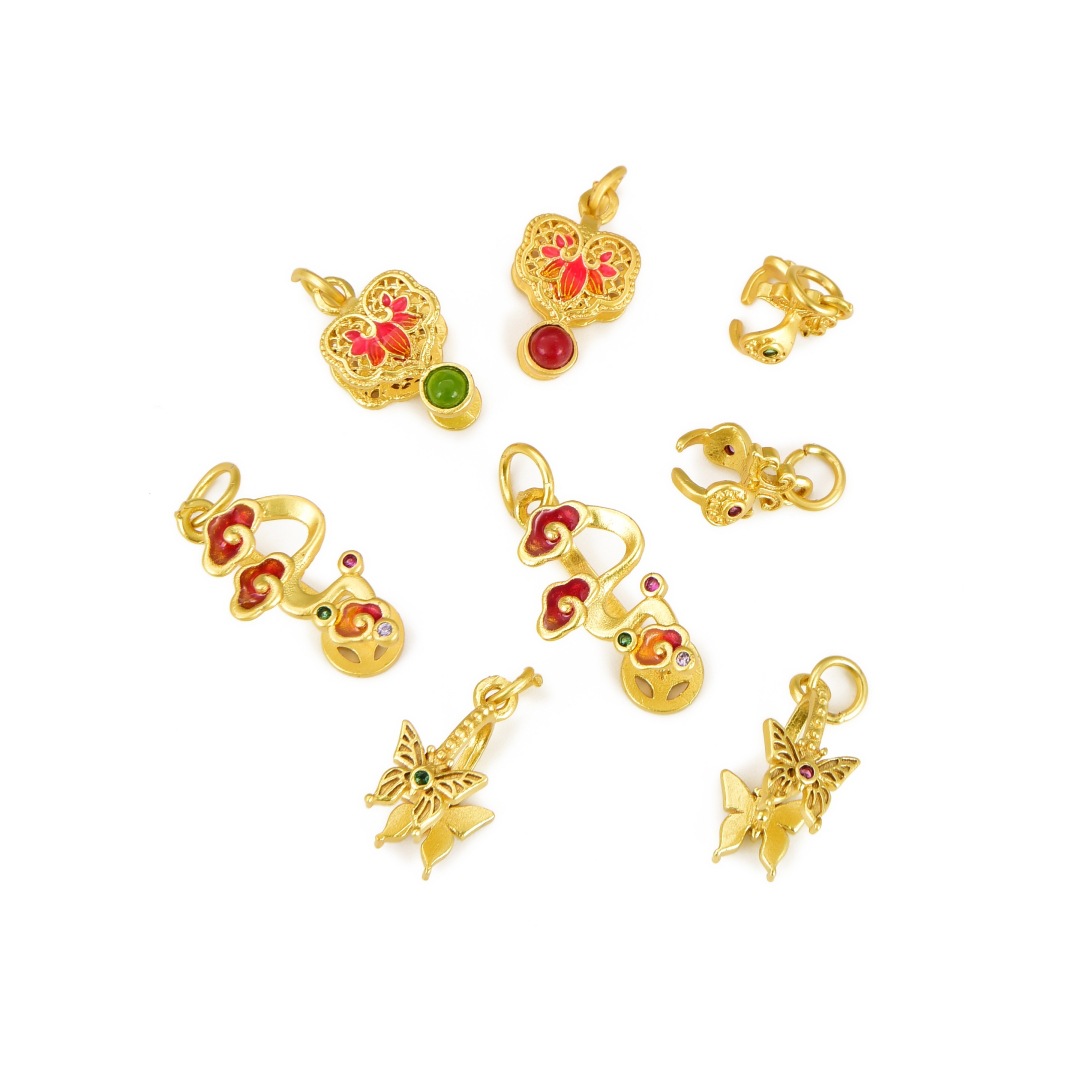 保色 古法金扣头吊坠扣18k金翡翠玉器夹扣蝴蝶项链平安扣diy饰品