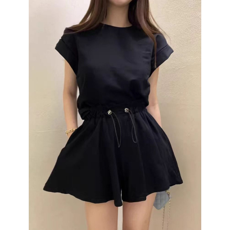 韩国夏季设计感小众气质后开叉绑带短袖T恤上衣+抽绳短裤两件套