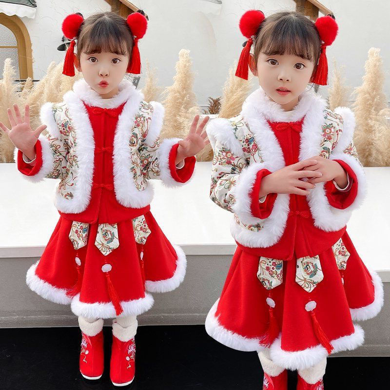 汉服女童冬装新年衣服儿童中国风童装加厚唐装女孩过年拜年服冬季