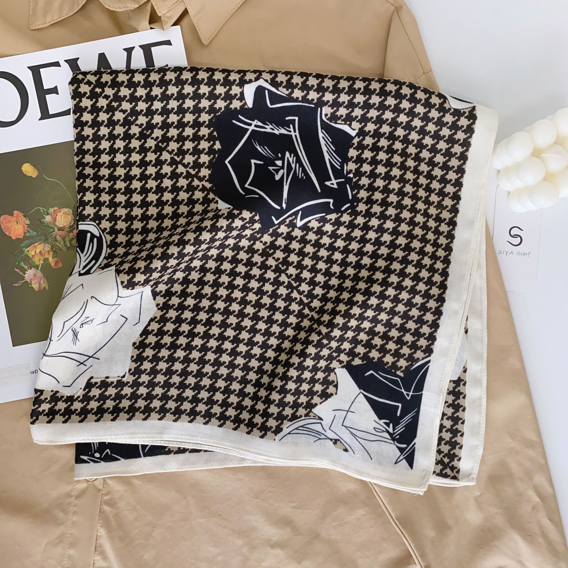 Moda houndstooth todo partido pequeña bufanda cuadrada viaje costero decoración bufanda fotografía cálido terciopelo sensación pequeña bufanda