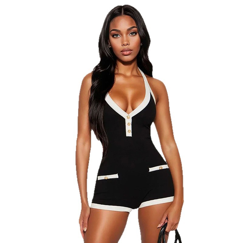 Nuevo estilo transfronterizo moda de mujer europea y americana color de contraste blanco y negro sexy con cuello en V halter sin espalda correa mono ultracorto mujer