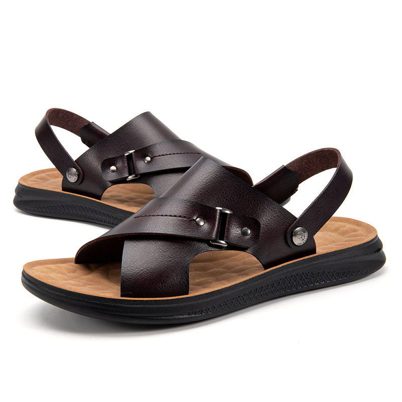 Dép sandal nam quai ngang hở ngón hai chiều chống trượt, chất liệu siêu sợi thoáng khí — Màu xanh lam, Nâu vàng, Nâu Đen, Nâu đậm