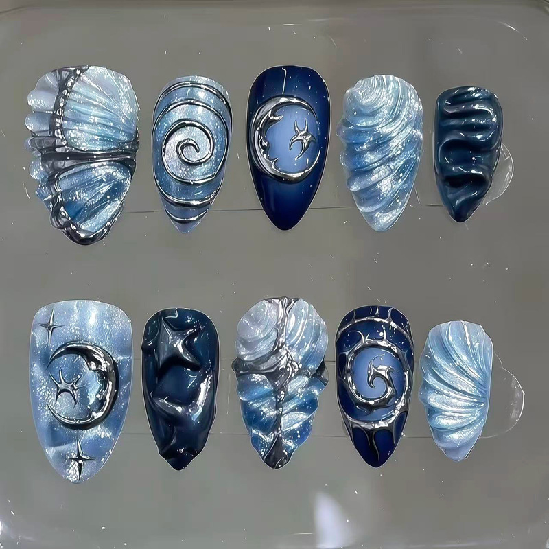 3D Gold-Plated Chunky Pink Cat Eye Press-On Nails Blue Hot Girl Cross-Border Ins Nail Art Stickers Press-On Nails