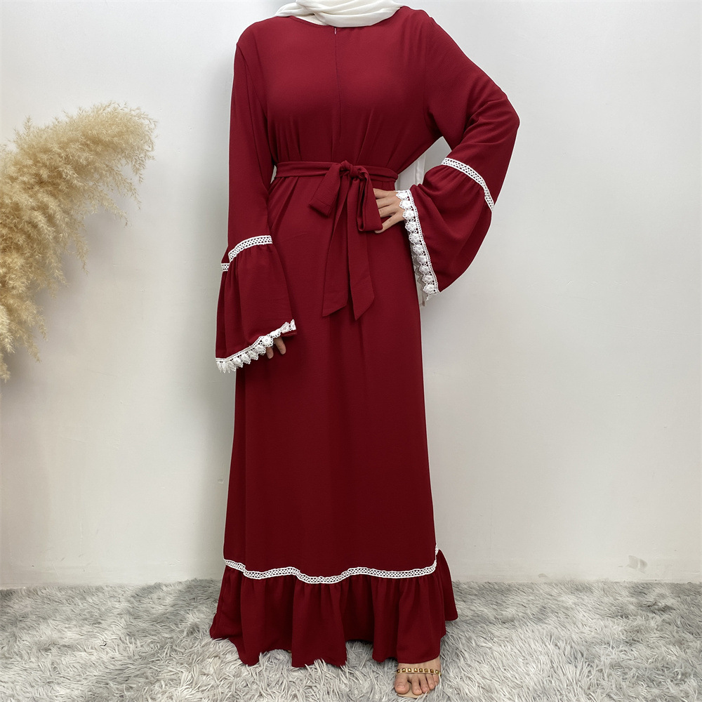 Modest Abaya Dress/Muslim Dress Women Patchwork White Lace Trim Dress With Front Zipper And Full Skirt For Women Muslim Fashion_voghion.com