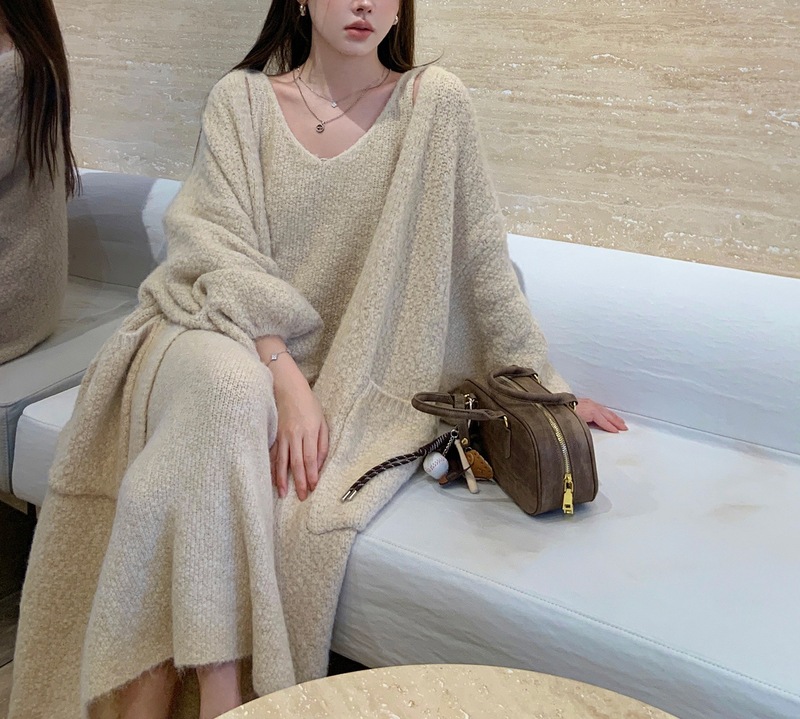 慵懒风软糯奶fufu宽松毛衣外套女纯欲显瘦中长款针织开衫＋长背心|undefined