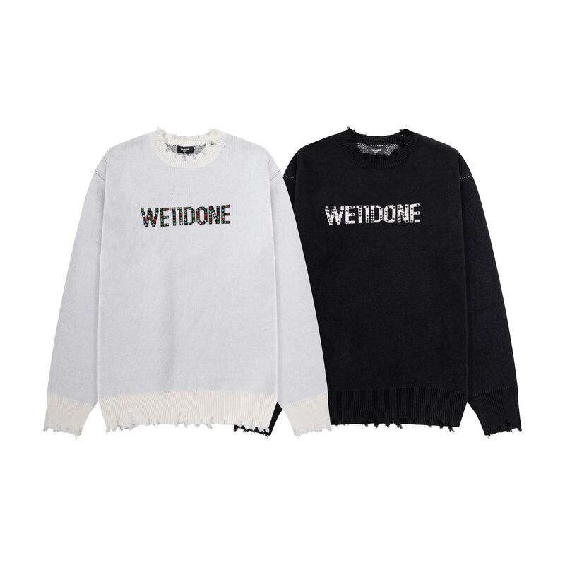 We11 American-Style Loose Garbage Rock Style Rhinestone Logo Embroidered Lettering Distressed Knit Sweater
