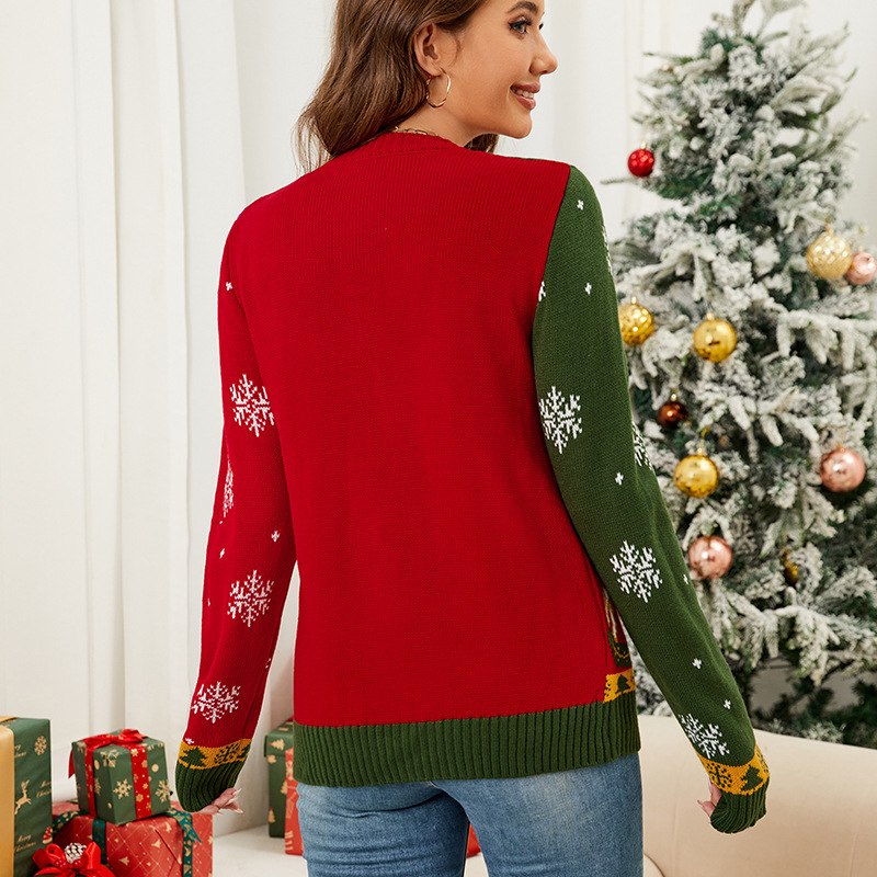 Damenbekleidung Herbst und Winter Langarm Strickjacke Weihnachtspullover Strickjacke Kontrastfarbe Jacquard Weihnachtspullover_voghion.com