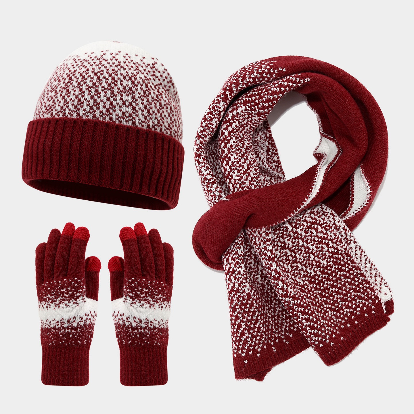 Coreano de color contrastante lana sombrero de punto bufandas guantes de pantalla táctil tres piezas de otoño invierno sombrero de frío para mujeres set de calor