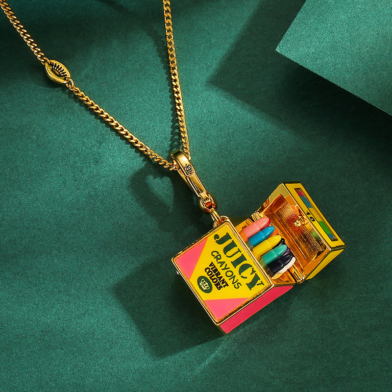 Juicy Jewelry 3D Cute Openable Square Printed Colored Pencil Case Pendant Oil Pastel Crayon Box Necklace