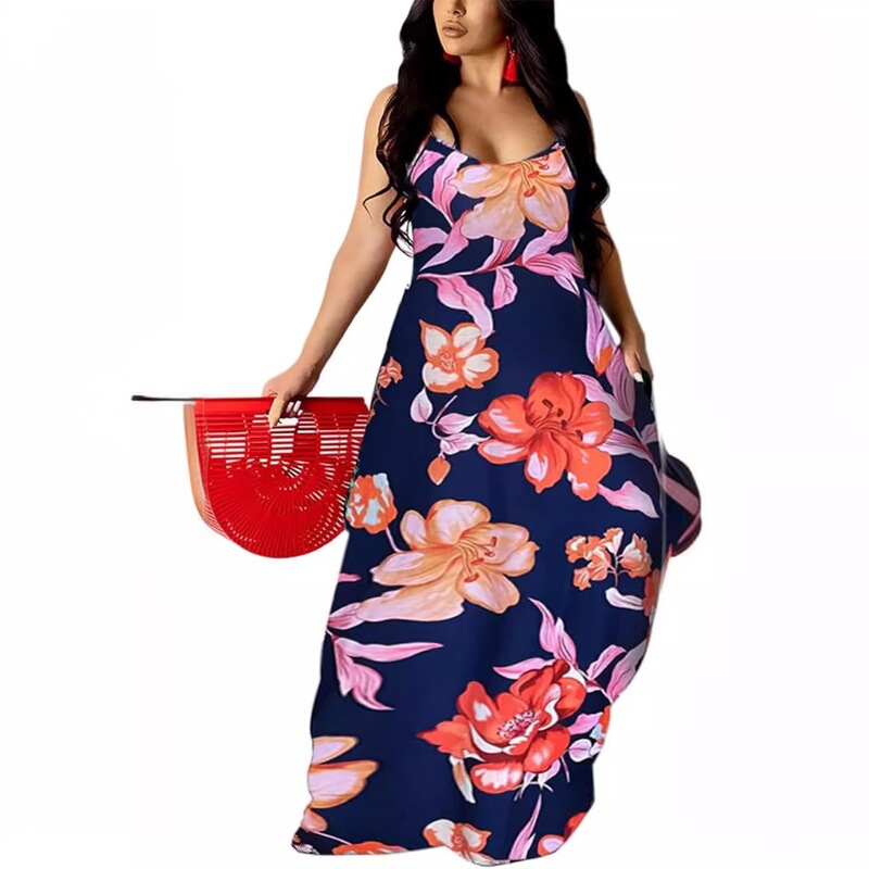 Women's Summer Plus Size Hawaiian Dress Tie-Dye Spaghetti Strap Maxi Dress Beach Bohemian Dress