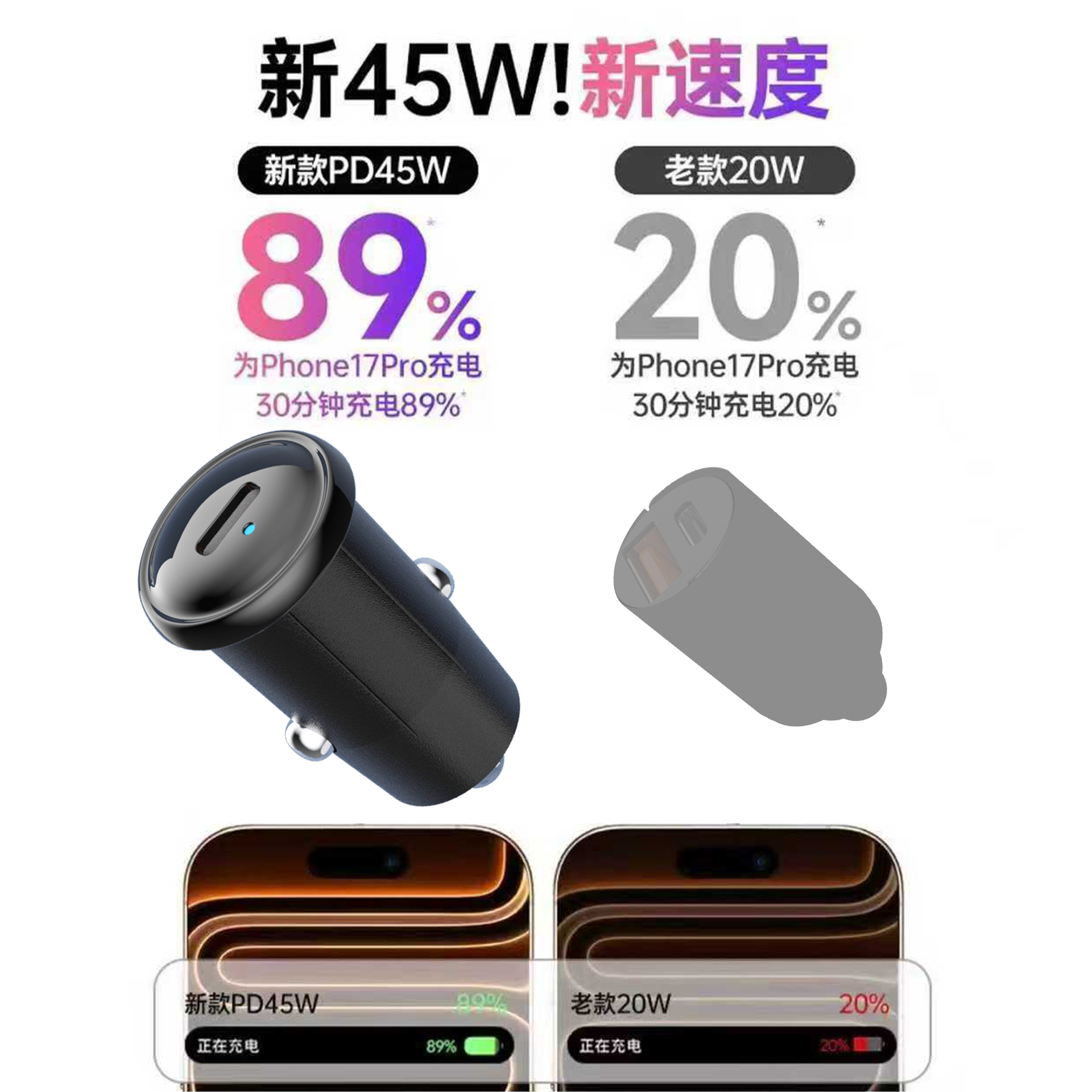 New Mini Single PD45W Car Charger QI2.2 Wireless Charger with Special Boost Function 15V20V Car Charging Head