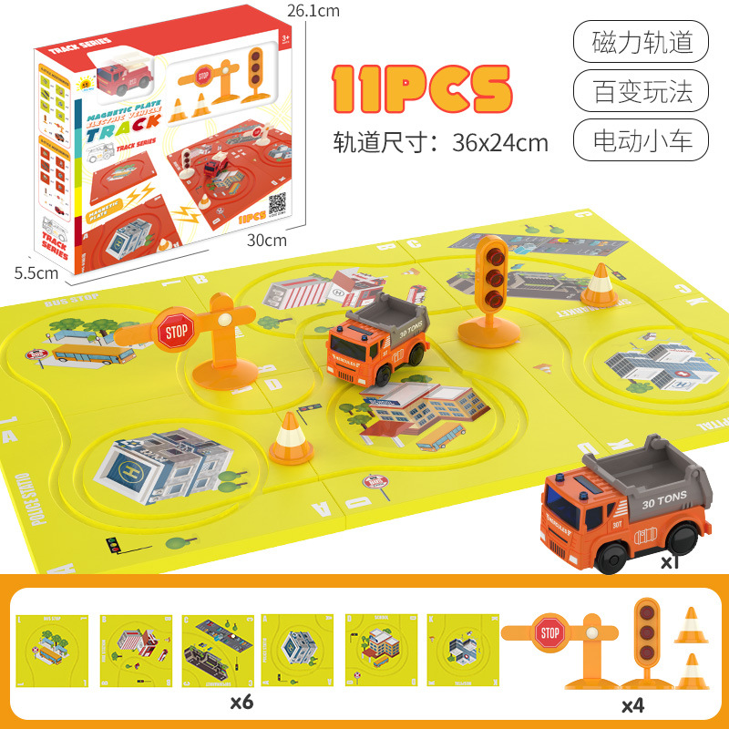 Tiktok niños educativos pista magnética coche fuego ingeniería vehículo DIY variedad rompecabezas eléctrico pista coche