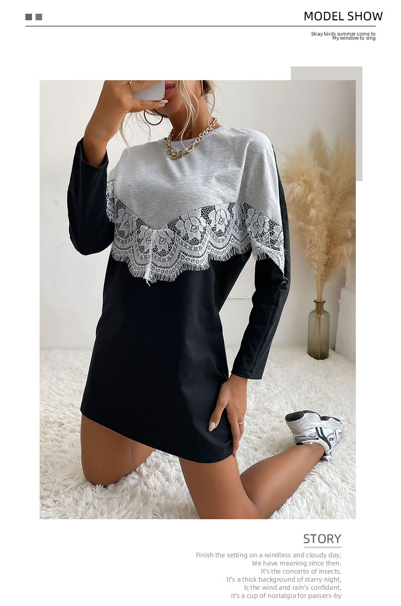 long-sleeved round neck lace stitching sweatershirt dress nihaostyles wholesale clothing NSDMB88636