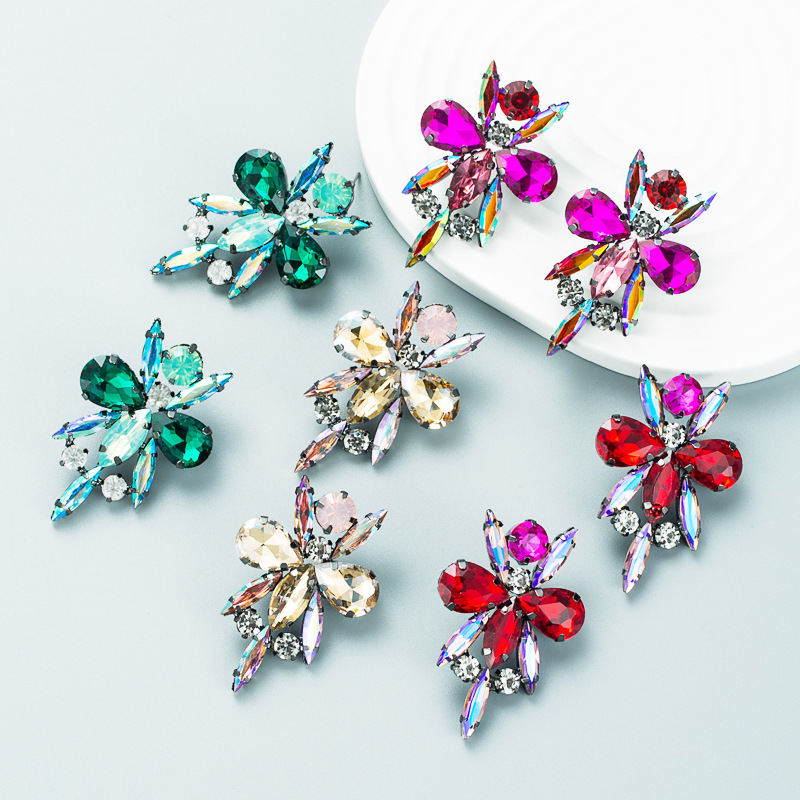 New Creative Flower Colorful Rhinestone Female Alloy Earrings Wholesale display picture 2