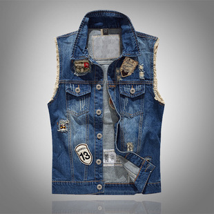 Plus Size Trendyy Men's Personalized Denim Vest Patch Casual Vest Waistcoat Embroidered Export Motorcycle Vest