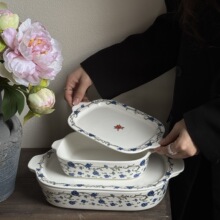 法式轻奢蓝色玫瑰碎花烘焙双耳大小烤盘焗饭陶瓷收纳水果
