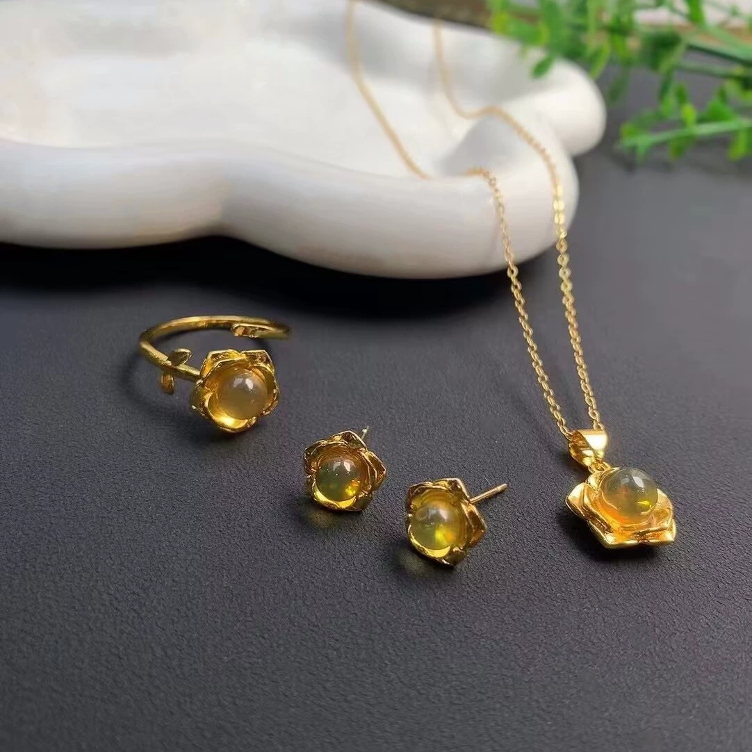 Натуральный синий цветок розы, набор из трех частей, медный инкрустированный продвинутый ожерелье, подвеска кольцо, серьги, женский дизайн, чувство украшения