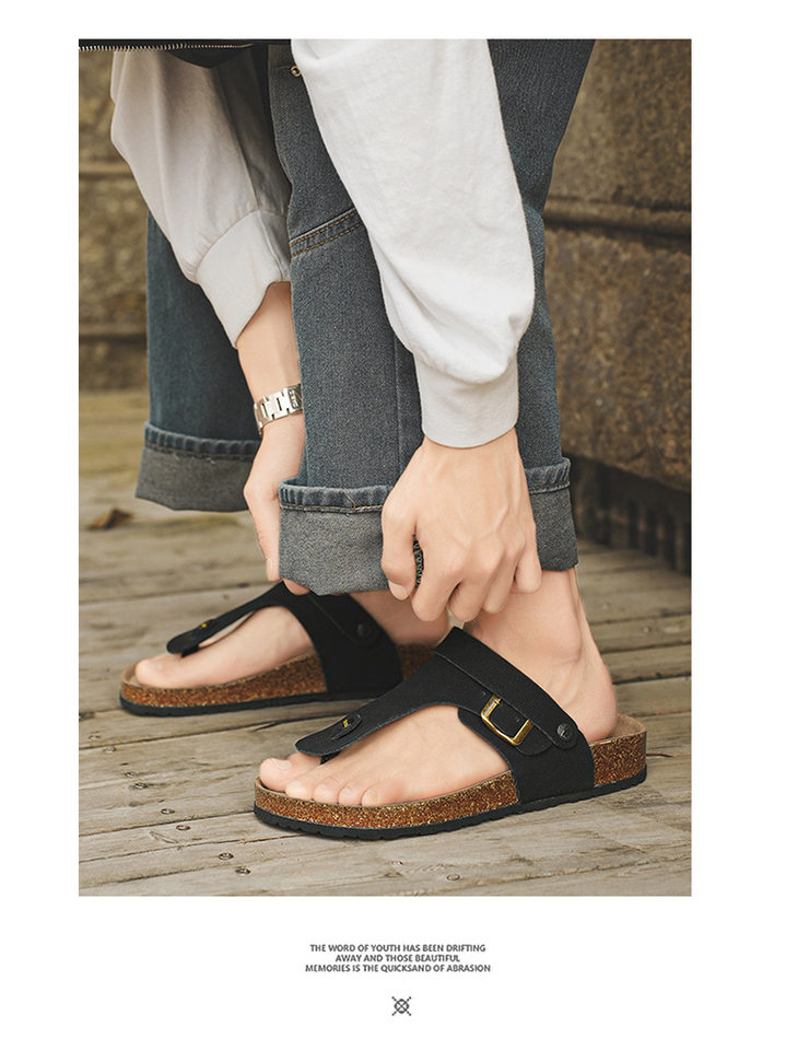 Dép sandal nam quai ngang kẹp chân đế gỗ phong cách Birken, thoáng khí đi biển — Màu đen, Nâu vàng, Trắng be chi tiết 10