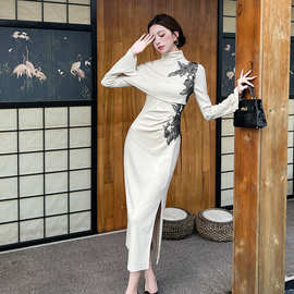 新中式针织连衣裙秋法式斗篷披肩长袖旗袍长裙大小单定/制优惠