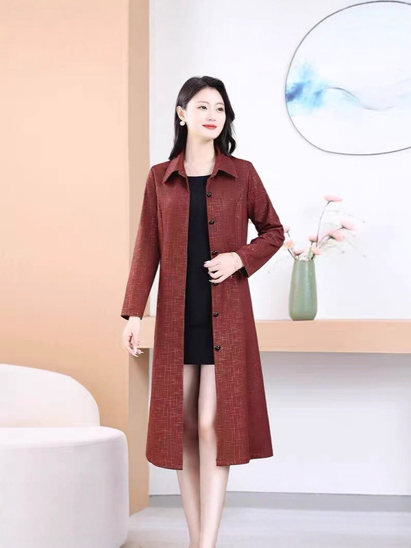 2025春秋季外套女妈妈装大码显瘦风衣POLO领单排扣中长款上衣|undefined