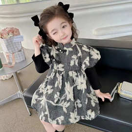 可爱洋气女童早秋长袖连衣裙2025复古盘扣旗袍裙女宝周岁生日裙子