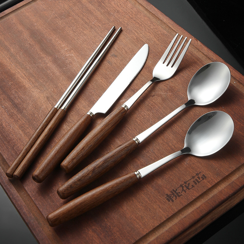 Madera de haya, alas de pollo, mango de madera, cuchillo y tenedor de acero inoxidable doméstico, cubiertos, cuchillo y tenedor de carne brillante, cuchara de carne occidental