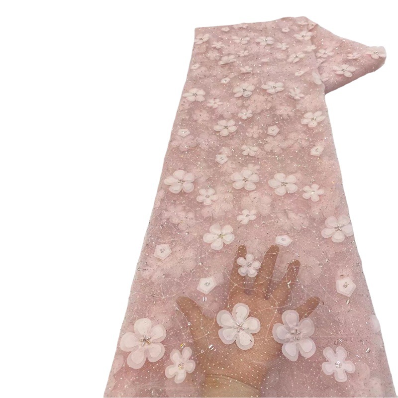 Tela de encaje de flores tridimensional con cuentas ropa infantil fresca vestido de hadas tela de encaje bordado JX3429