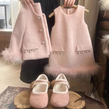 女童韩国童装套装毛呢2025冬季新款洋气高级儿童外套背心两件套潮