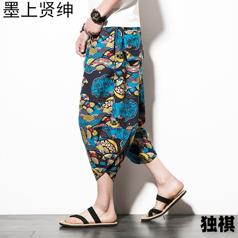 Verano japonés de talla grande para hombres pantalones cortos de lino impresos de estilo étnico estilo chino pantalones de bombachos de pierna ancha sueltos de talla grande