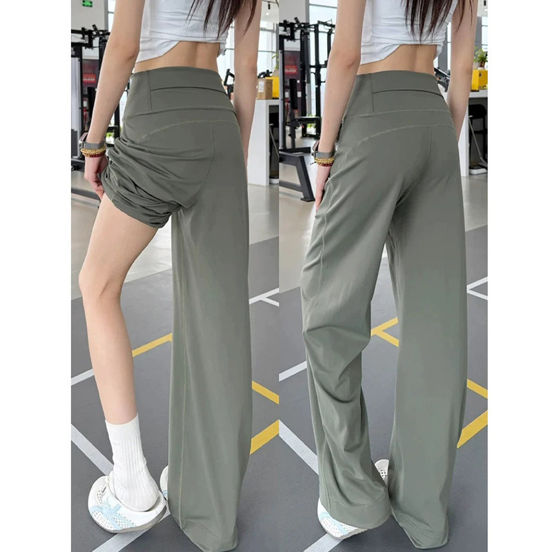 Army green quick-dry sports pants for women, summer thin high-waisted fitness yoga pants, petite loose-fitting ice silk wide-leg pants