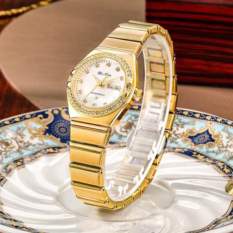 Dinuo Couple Watch Steel Strap Fashion Inlaid Rhinestone Quartz Women's Watch Men's Watch Design Sense Calendar Week Wristwatch Cross-Border