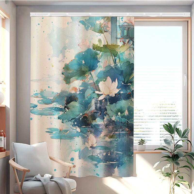 Chinese-Style Lotus Bathroom Toilet Small Curtain Anti-Peeping Installation Without Drilling for Bedroom and Living Room Curtain