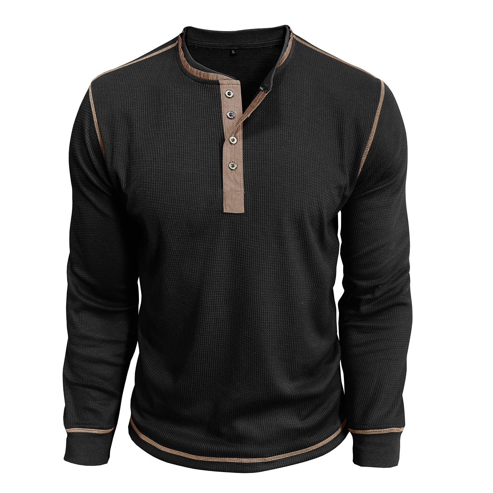 K Men's Round Neck Contrasting Long Sleeved Polo Shirt T-shirt Sweatshirt Retro Base Henley Collar Top_viptrois.com
