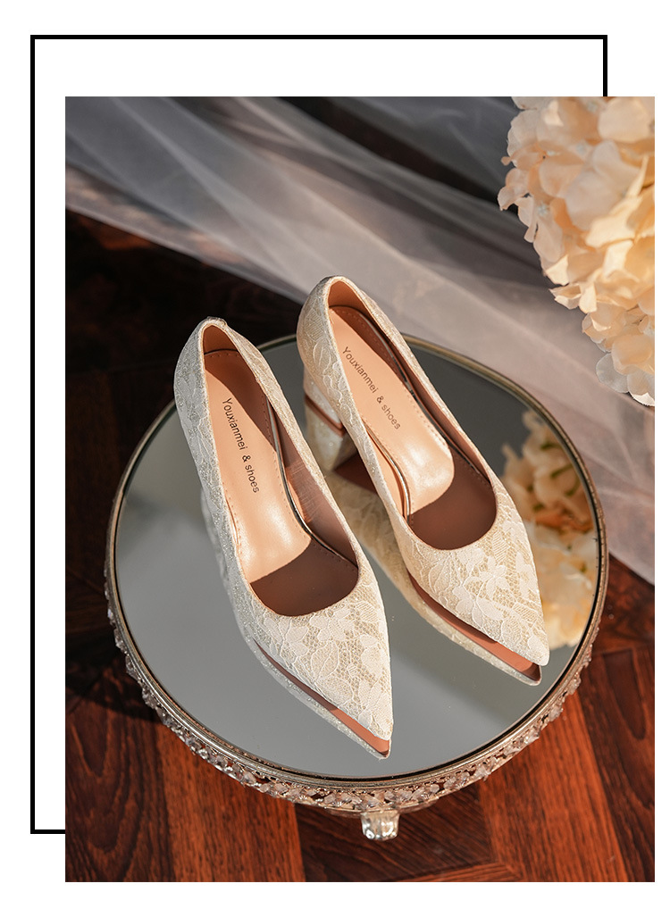 6555G Escarpins à bout pointu pour femme, talon compensé, dentelle française, collection 2025, bout ouvert._voghion.com