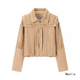 ins欧美跨境女美式复古2025夏季新款流苏铆钉时尚皮衣短夹克外套