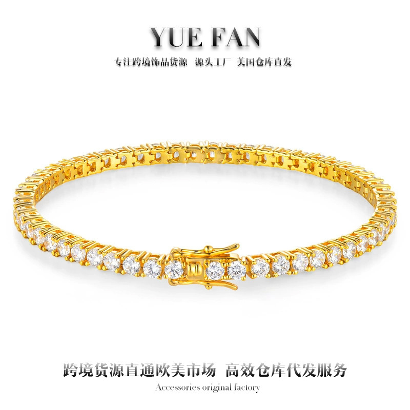 Popular European and American Hip-Hop Four-Claw Tennis Chain Moissanite S925 Sterling Silver Bracelet Personalized Men's and Women's Hand Jewelry Wholesale Silver Chain