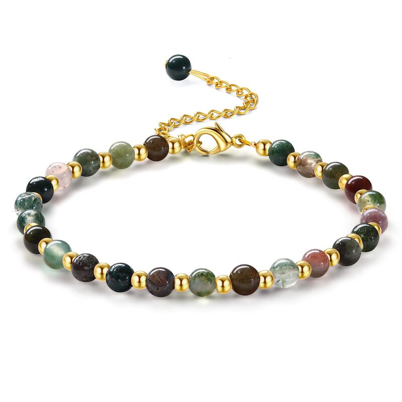 Women's Natural Stone Bracelet with Gold Round Beads, Adjustable Alloy Electroplated Tail Chain Bracelet, Indian Agate Gold Bead Bracelet