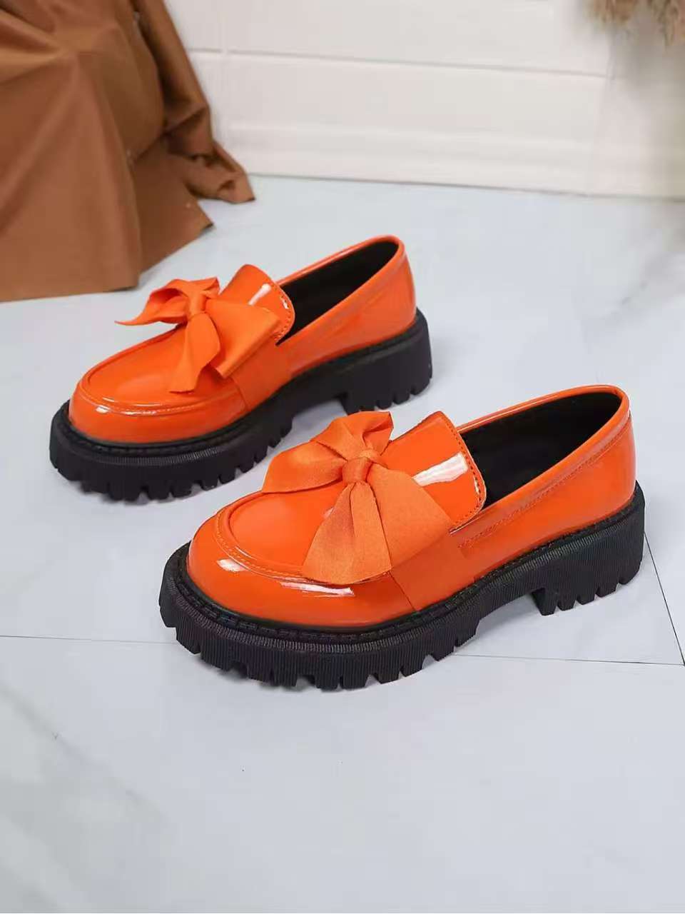 Women's Plus Size Bow Tie Platform Loafers For Autumn Leather_voghion.com