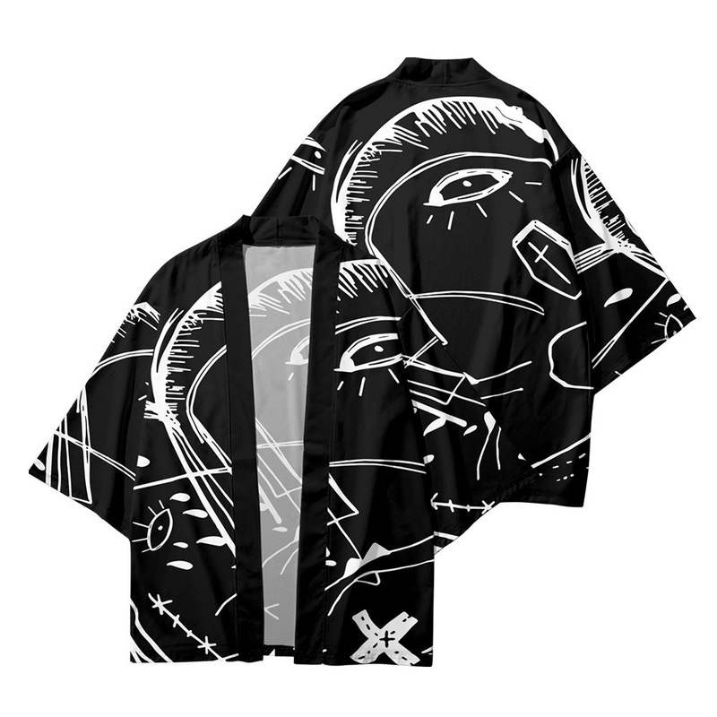 2023 new summer feather woven kimono 3D graffiti creative digital printing cropped men's shirt robe cardigan loose