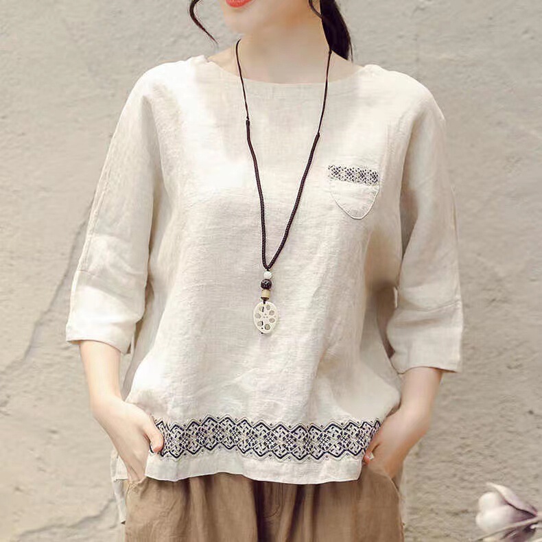 2023 New Summer Style Retro Cotton and Linen Short-Sleeved T-Shirt for Women Large Size Loose Flesh-Covering Round Neck Pullover Top Bottoming Shirt