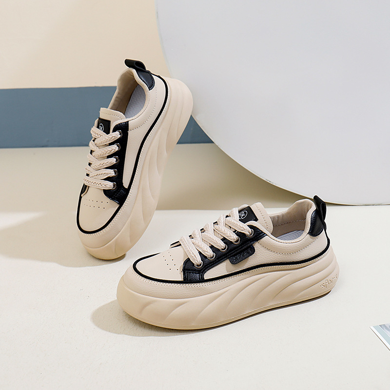 Podzimní nové korejské boty z prodyšné bílé kůže pro ženy, ležérní boty na podrážce s tlustou podrážkou, univerzální piškotové boty K005_voghion.com