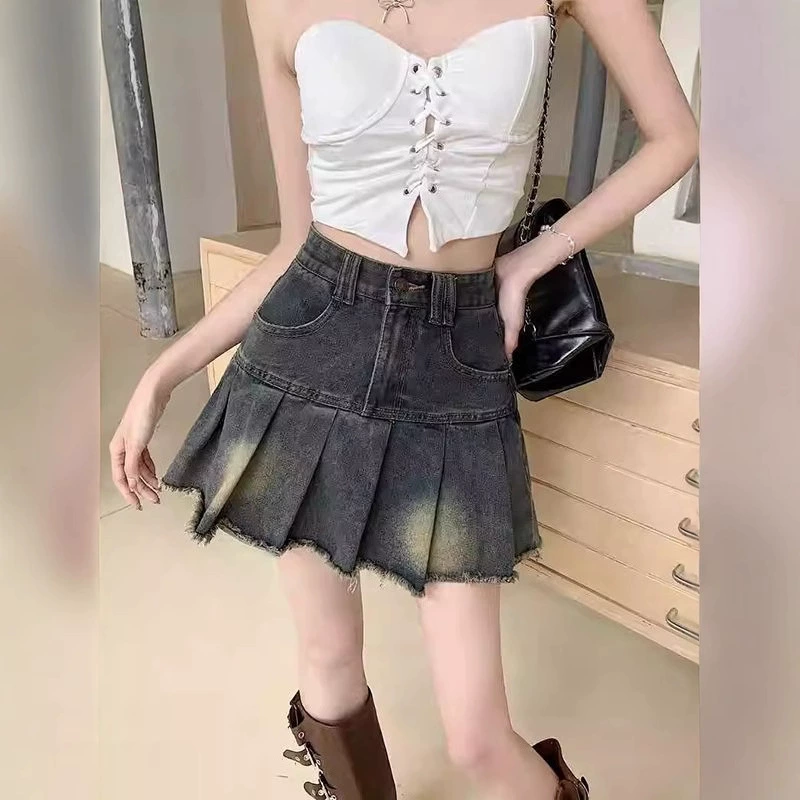 Модная ретро-юбка из денима в складку для женщин, лето 2025, высокая талия, А-силуэт, закрывающая бедра, короткая