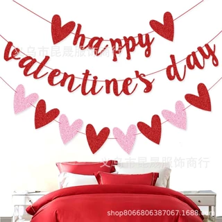 红色浪漫情人节装饰横幅 红色爱心闪粉happy Valentines Day拉旗