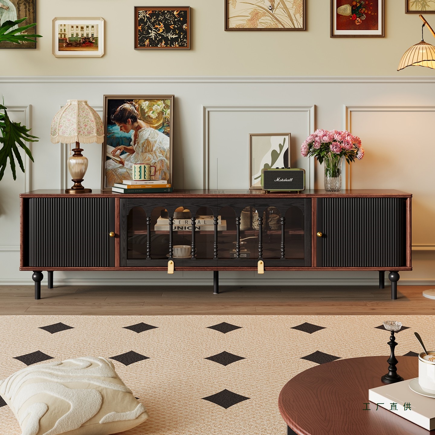 Hogwarts French Retro Solid Wood Tv Cabinet Color Matching American Living Room Home Mid-Century Style Floor-Standing Storage Integrated