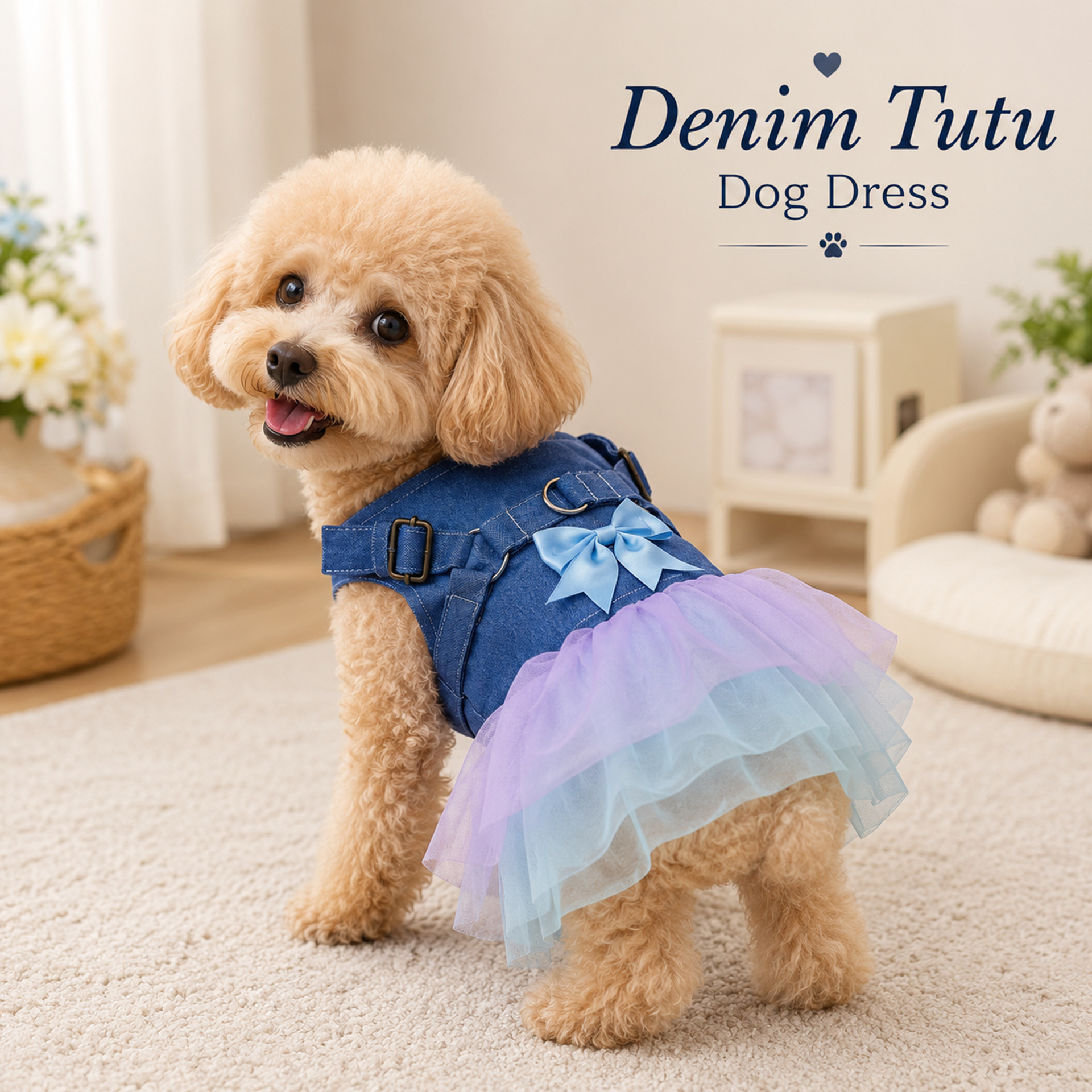Teddy Bichon Cute Female Dog Denim Skirt, Comfortable and Breathable, with Leash Attachment, Small and Medium-Sized Dog Dress, Pet Supplies