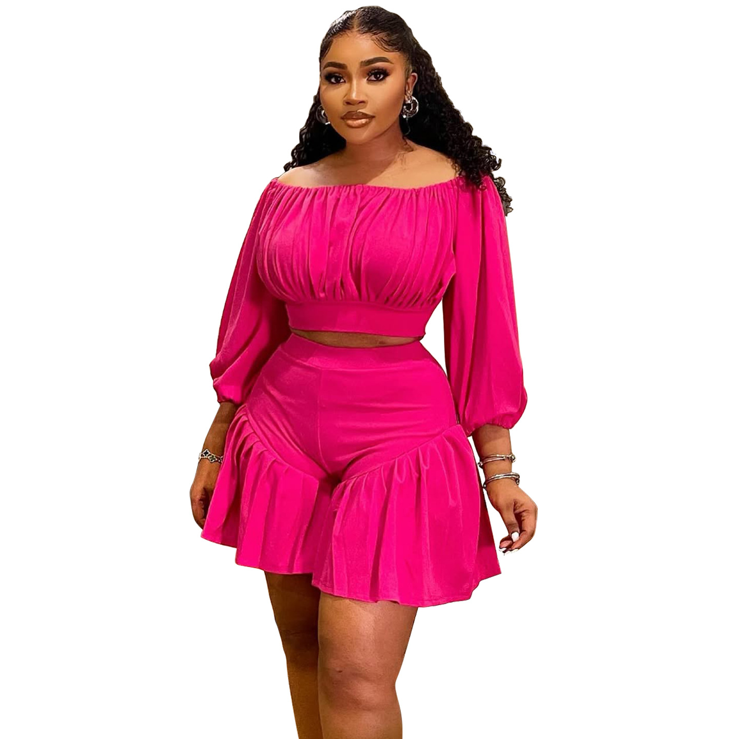 350g Weight Long Sleeve Sleeve Length Spandex, Polyester Fabric Type Shorts Co-ord Set Sets Type 2 Pieces Set Quantity Daily Occasion Off Shoulder Neckline Slim Fit Type Solid Color Pattern Summer Season Casual Style Daily Casual Solid Color Spandex Polyester Shorts Co-ord Set Plus Size Two-piece Sets 13