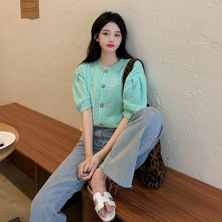 Amazing 2021 Spring new pattern Famous Single breasted Cardigan T-shirts Small fragrant wind Knitwear Short sleeved Blouse 37187
